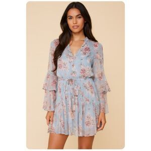 Aakaa Mini Dress Blue Floral Bohemian Flare Sleeves V Neck NWT Womens Size S